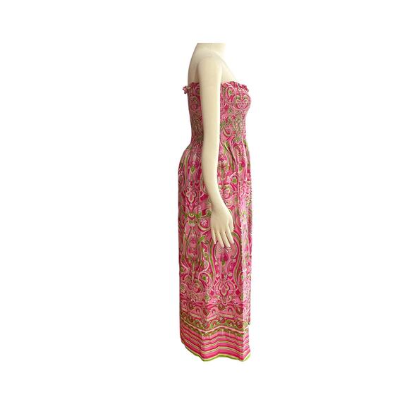 1990s Pink & Green Mod Paisley Strapless Smock Bodice Maxi Boho Dress Size Small - Picture 3 of 9